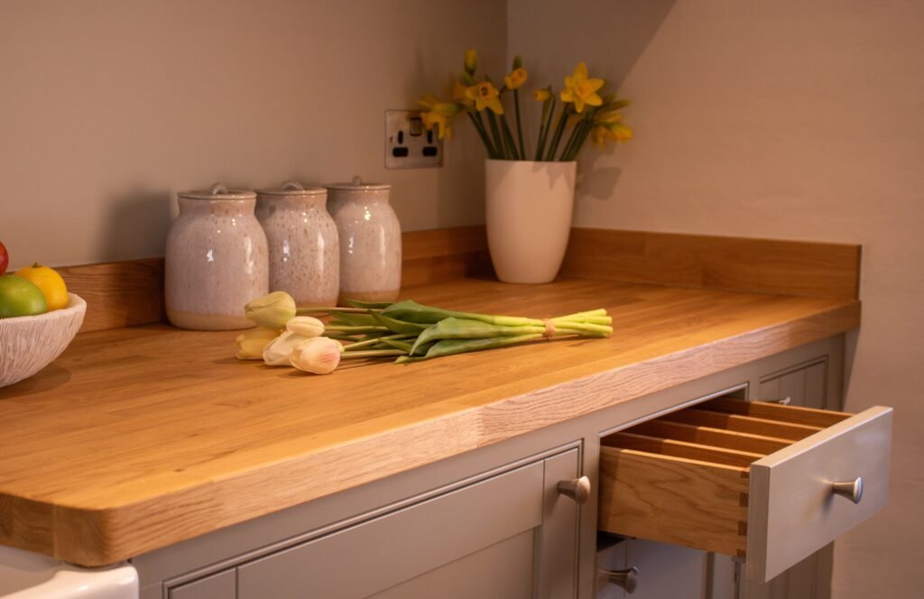 Handmade kitchen in Worthing featuring solid oak worktop, tulips and ceramic storage jars